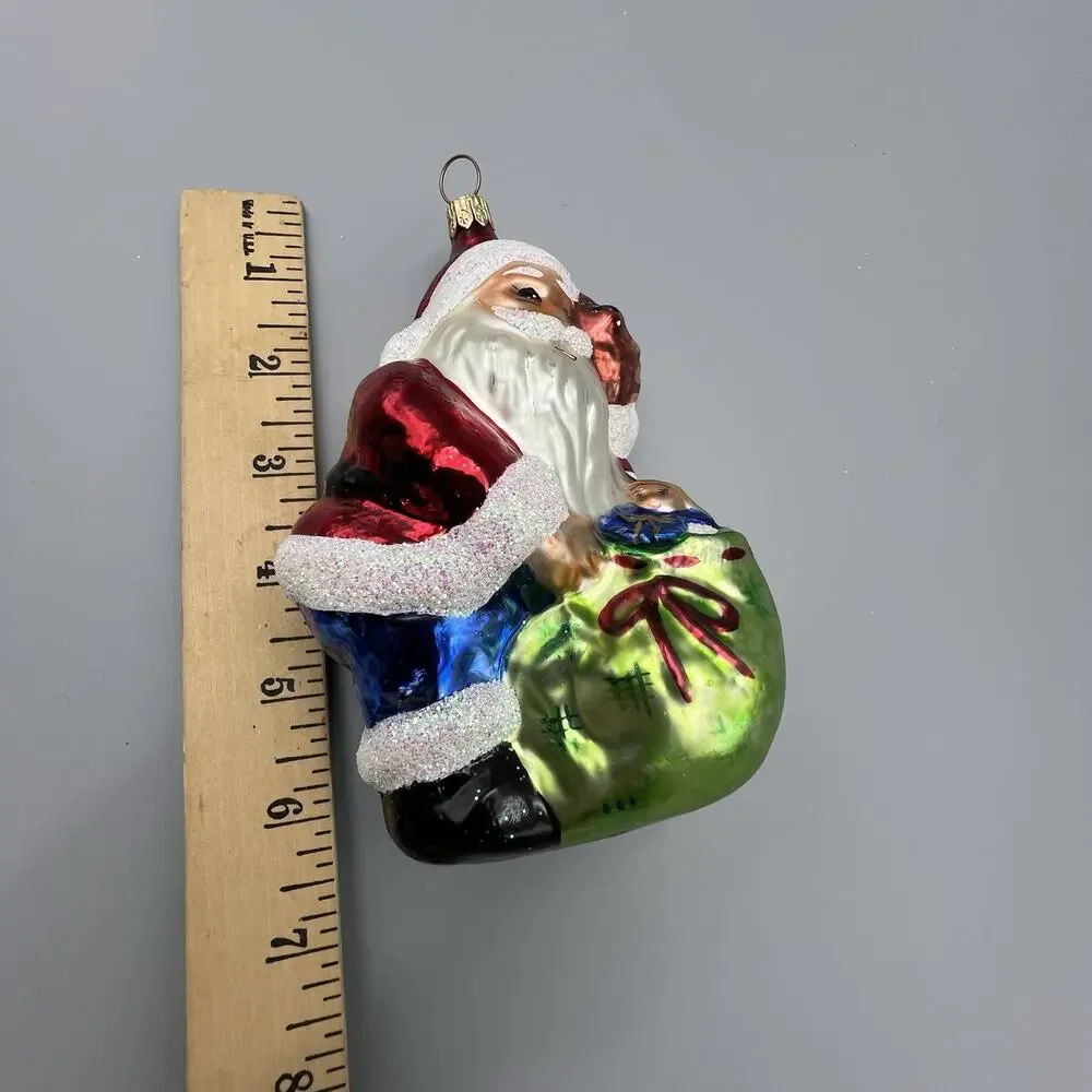 Christopher Radko Bundle Of Toys Christmas‎ Ornament Santa Glass Green Bag 5.5”